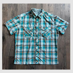 Kuhl Eluxor Short Sleeve Pearl Snap Shirt Size M Green Orange Plaid Activewear